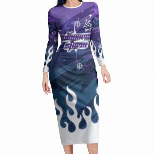 Personalized Melbourne Storm Long Sleeve Bodycon Dress Y2K Grunge Aesthetic With Cyber Flames and Starburst Graphics