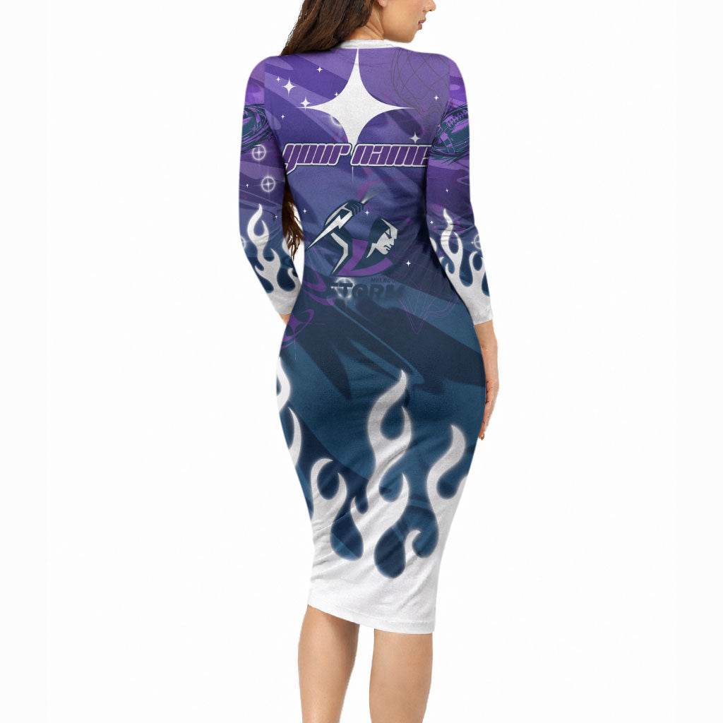 Personalized Melbourne Storm Long Sleeve Bodycon Dress Y2K Grunge Aesthetic With Cyber Flames and Starburst Graphics