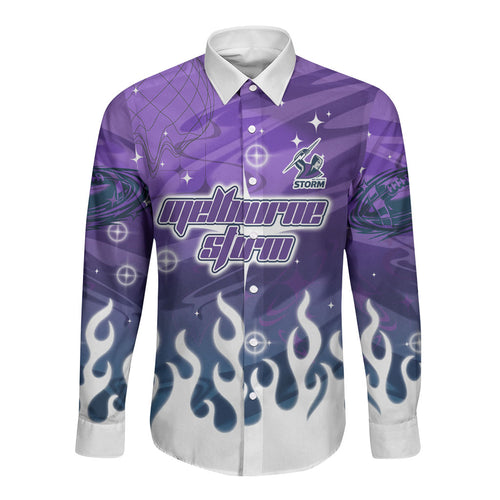 Personalized Melbourne Storm Long Sleeve Button Shirt Y2K Grunge Aesthetic With Cyber Flames and Starburst Graphics
