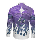 Personalized Melbourne Storm Long Sleeve Button Shirt Y2K Grunge Aesthetic With Cyber Flames and Starburst Graphics