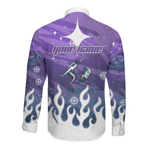 Personalized Melbourne Storm Long Sleeve Button Shirt Y2K Grunge Aesthetic With Cyber Flames and Starburst Graphics