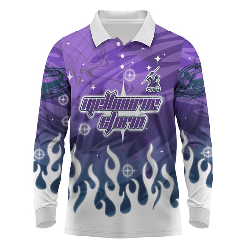 Personalized Melbourne Storm Long Sleeve Polo Shirt Y2K Grunge Aesthetic With Cyber Flames and Starburst Graphics