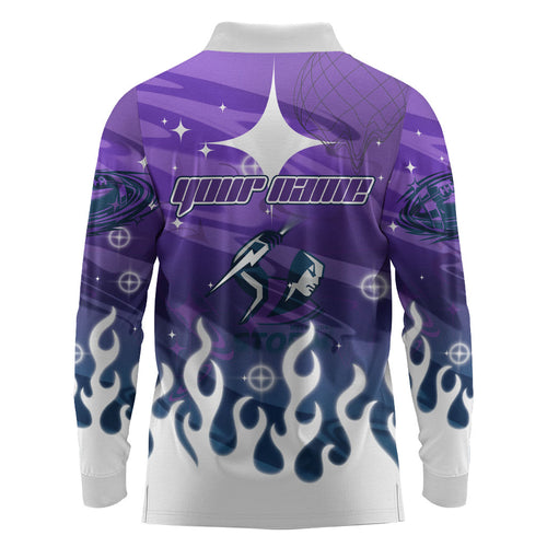 Personalized Melbourne Storm Long Sleeve Polo Shirt Y2K Grunge Aesthetic With Cyber Flames and Starburst Graphics