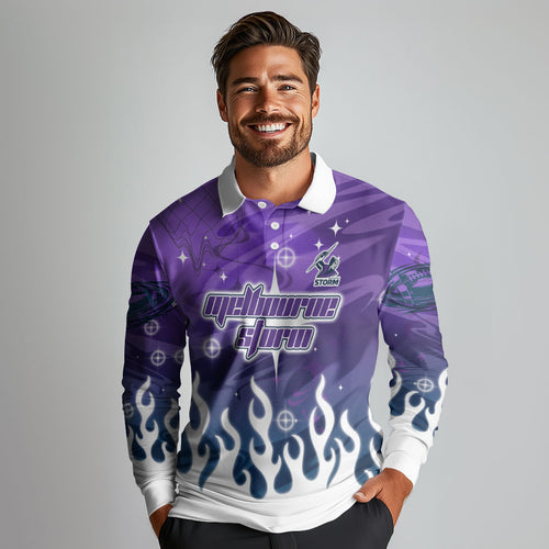 Personalized Melbourne Storm Long Sleeve Polo Shirt Y2K Grunge Aesthetic With Cyber Flames and Starburst Graphics