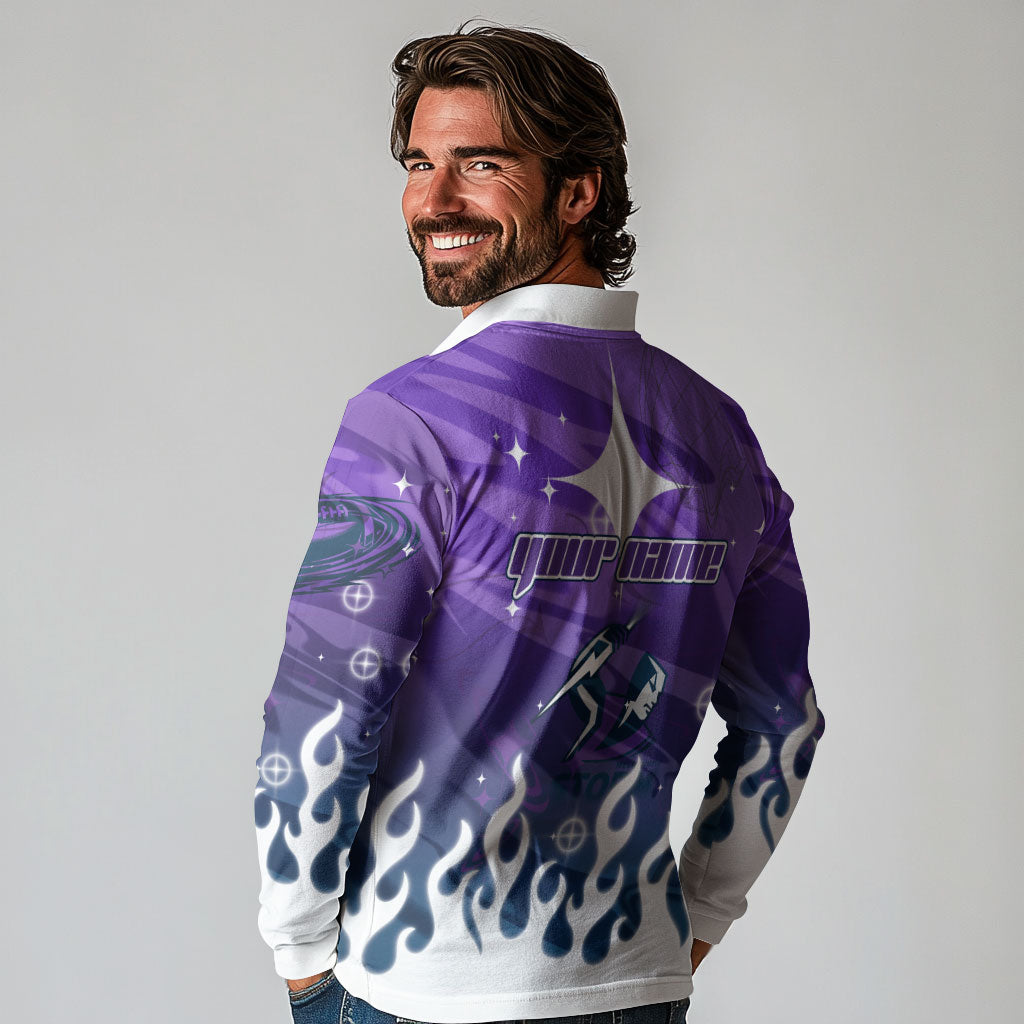 Personalized Melbourne Storm Long Sleeve Polo Shirt Y2K Grunge Aesthetic With Cyber Flames and Starburst Graphics