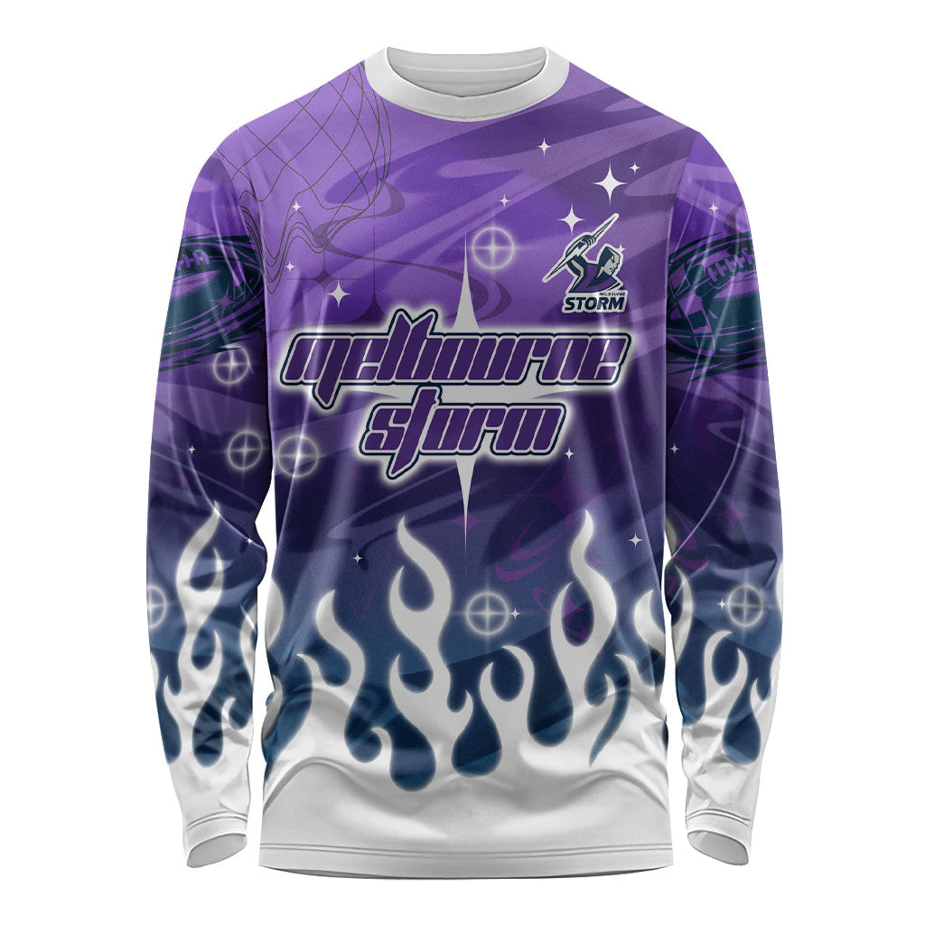 Personalized Melbourne Storm Long Sleeve Shirt Y2K Grunge Aesthetic With Cyber Flames and Starburst Graphics