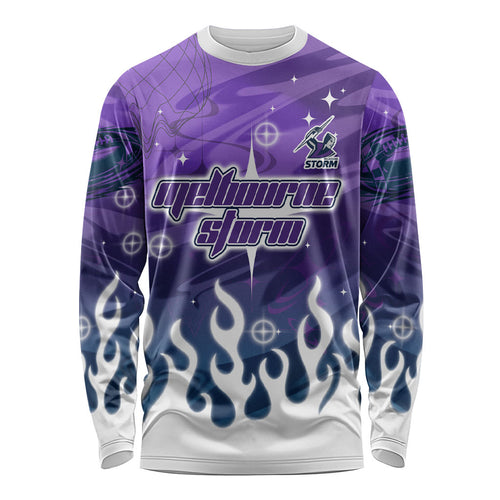 Personalized Melbourne Storm Long Sleeve Shirt Y2K Grunge Aesthetic With Cyber Flames and Starburst Graphics