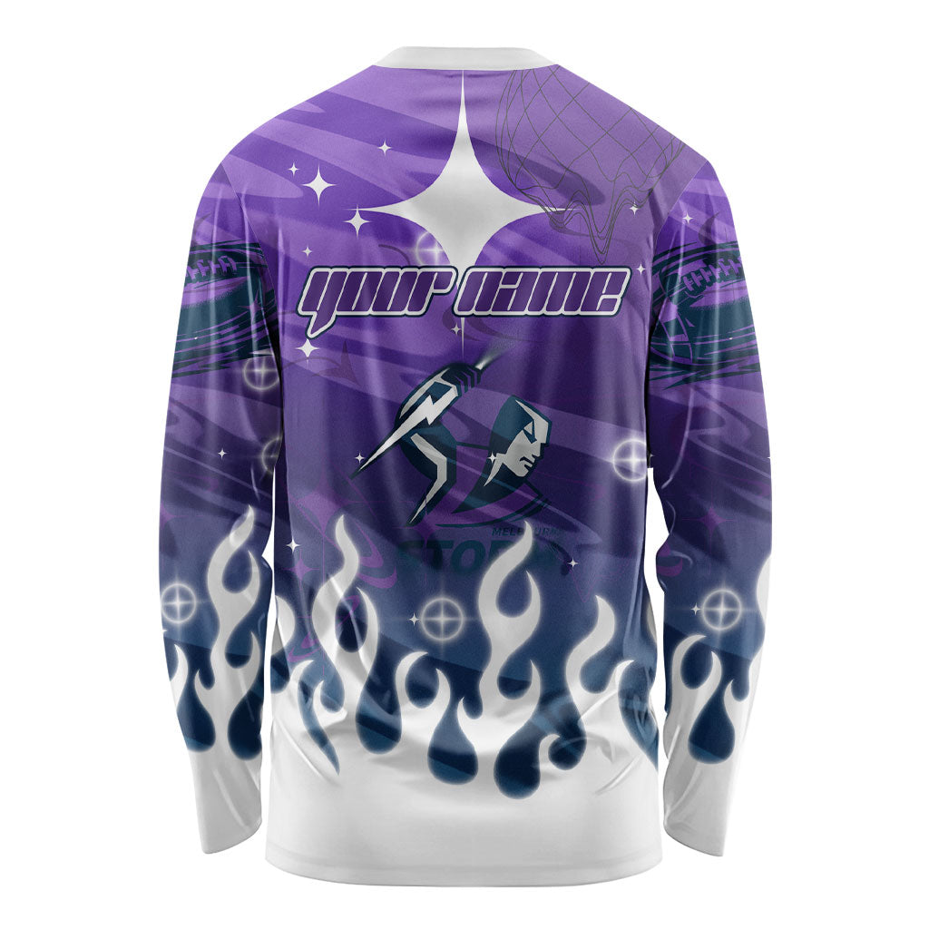 Personalized Melbourne Storm Long Sleeve Shirt Y2K Grunge Aesthetic With Cyber Flames and Starburst Graphics