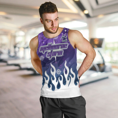 Personalized Melbourne Storm Men Tank Top Y2K Grunge Aesthetic With Cyber Flames and Starburst Graphics