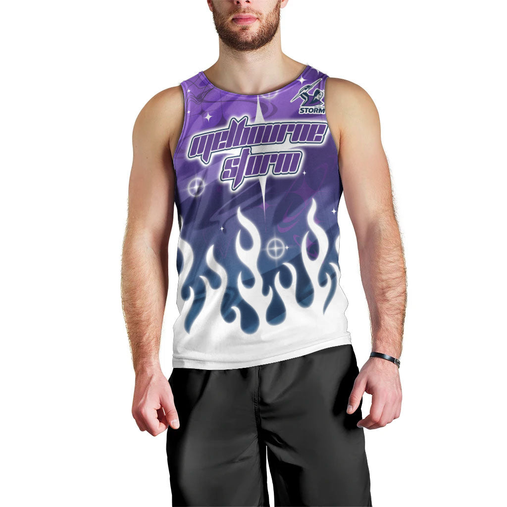 Personalized Melbourne Storm Men Tank Top Y2K Grunge Aesthetic With Cyber Flames and Starburst Graphics