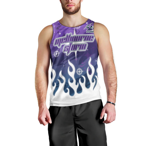 Personalized Melbourne Storm Men Tank Top Y2K Grunge Aesthetic With Cyber Flames and Starburst Graphics