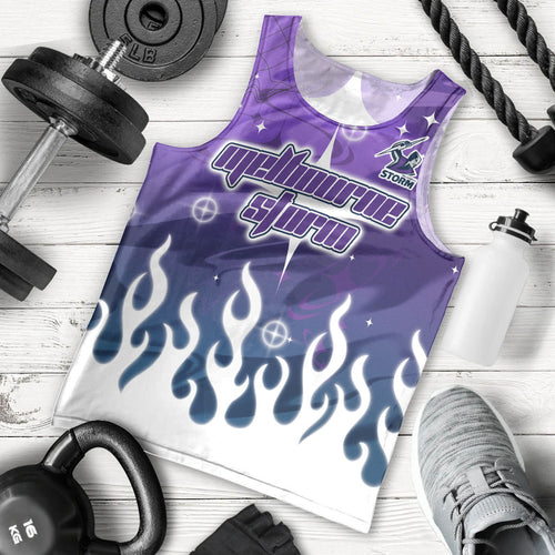 Personalized Melbourne Storm Men Tank Top Y2K Grunge Aesthetic With Cyber Flames and Starburst Graphics