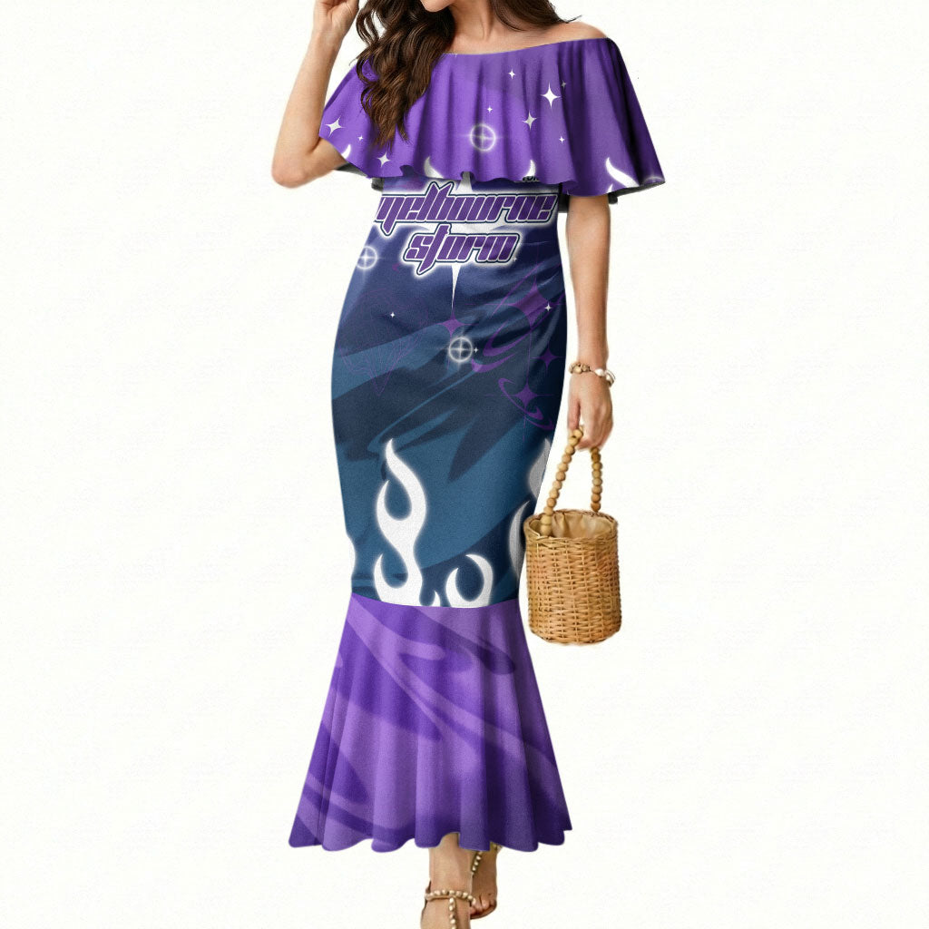 Personalized Melbourne Storm Mermaid Dress Y2K Grunge Aesthetic With Cyber Flames and Starburst Graphics