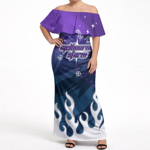 Personalized Melbourne Storm Off Shoulder Maxi Dress Y2K Grunge Aesthetic With Cyber Flames and Starburst Graphics