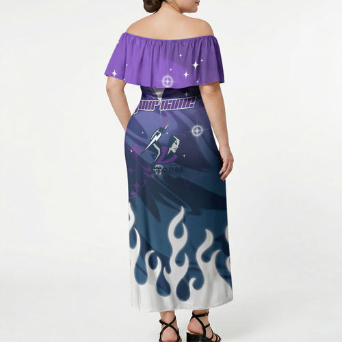 Personalized Melbourne Storm Off Shoulder Maxi Dress Y2K Grunge Aesthetic With Cyber Flames and Starburst Graphics