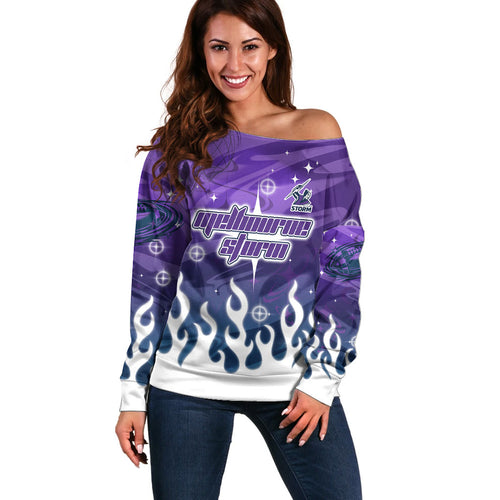Personalized Melbourne Storm Off Shoulder Sweater Y2K Grunge Aesthetic With Cyber Flames and Starburst Graphics