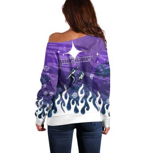 Personalized Melbourne Storm Off Shoulder Sweater Y2K Grunge Aesthetic With Cyber Flames and Starburst Graphics