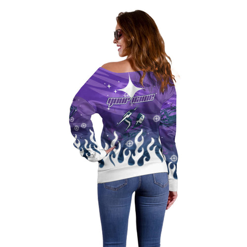 Personalized Melbourne Storm Off Shoulder Sweater Y2K Grunge Aesthetic With Cyber Flames and Starburst Graphics