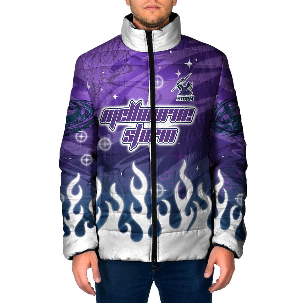 Personalized Melbourne Storm Padded Jacket Y2K Grunge Aesthetic With Cyber Flames and Starburst Graphics