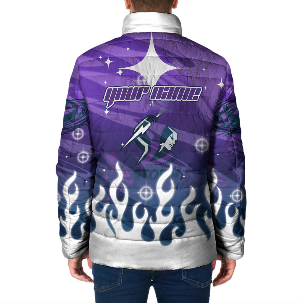 Personalized Melbourne Storm Padded Jacket Y2K Grunge Aesthetic With Cyber Flames and Starburst Graphics