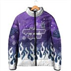 Personalized Melbourne Storm Padded Jacket Y2K Grunge Aesthetic With Cyber Flames and Starburst Graphics