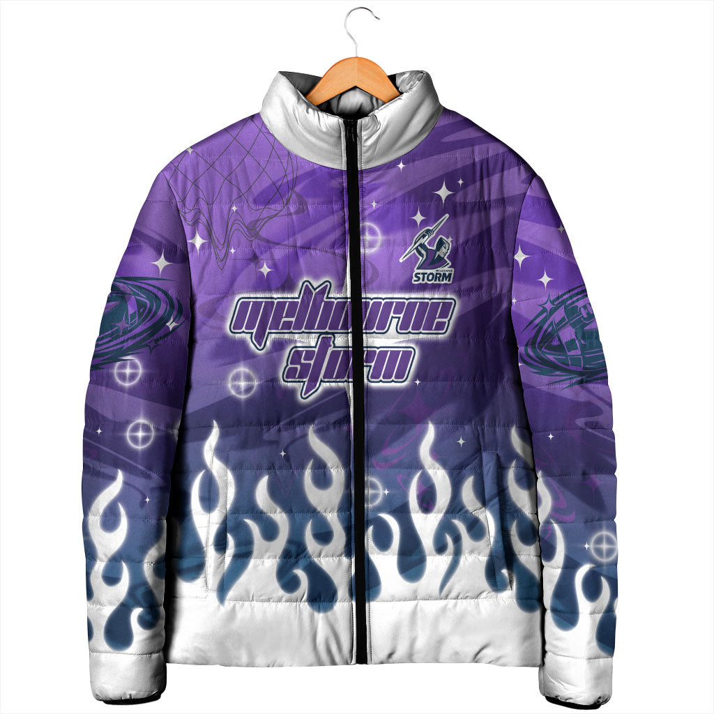 Personalized Melbourne Storm Padded Jacket Y2K Grunge Aesthetic With Cyber Flames and Starburst Graphics