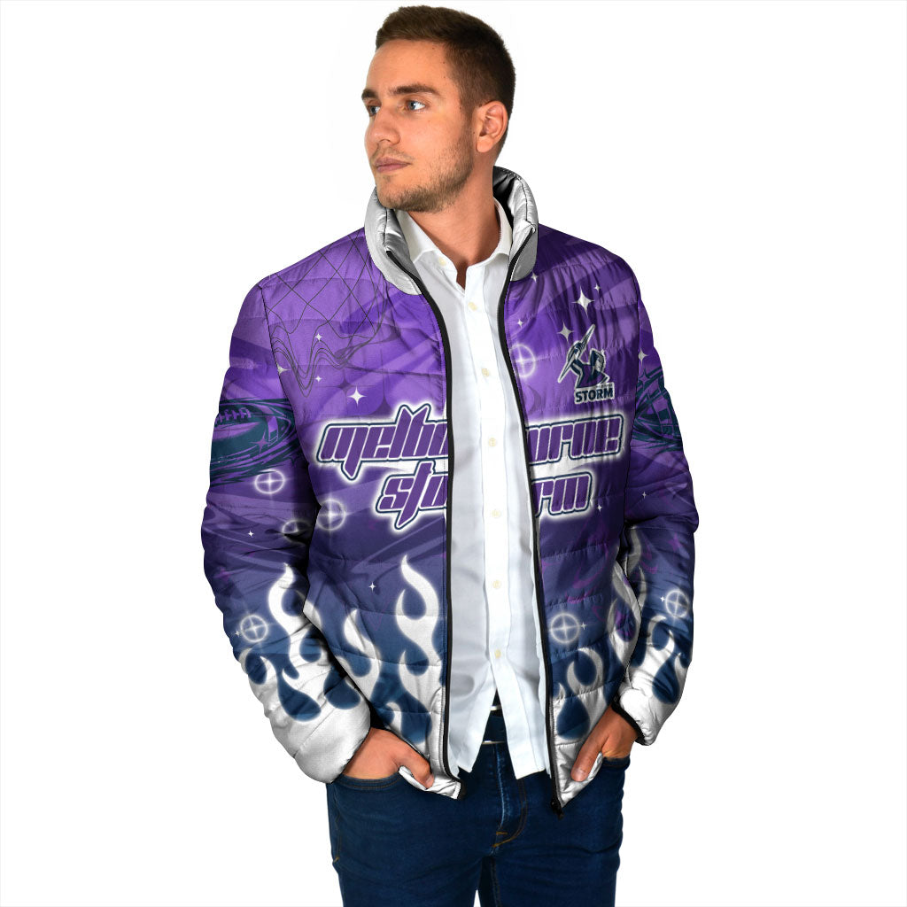 Personalized Melbourne Storm Padded Jacket Y2K Grunge Aesthetic With Cyber Flames and Starburst Graphics