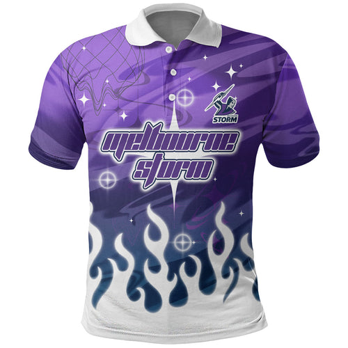 Personalized Melbourne Storm Polo Shirt Y2K Grunge Aesthetic With Cyber Flames and Starburst Graphics