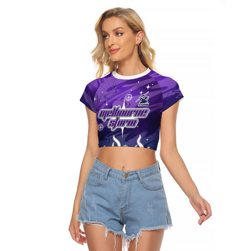 Personalized Melbourne Storm Raglan Cropped T Shirt Y2K Grunge Aesthetic With Cyber Flames and Starburst Graphics