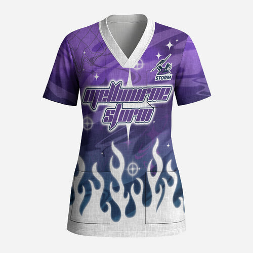 Personalized Melbourne Storm Scrub Top Y2K Grunge Aesthetic With Cyber Flames and Starburst Graphics