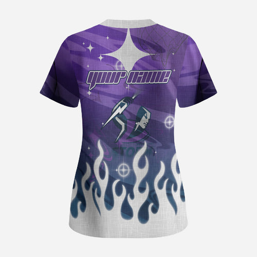 Personalized Melbourne Storm Scrub Top Y2K Grunge Aesthetic With Cyber Flames and Starburst Graphics