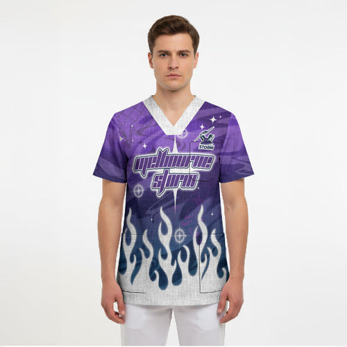 Personalized Melbourne Storm Scrub Top Y2K Grunge Aesthetic With Cyber Flames and Starburst Graphics