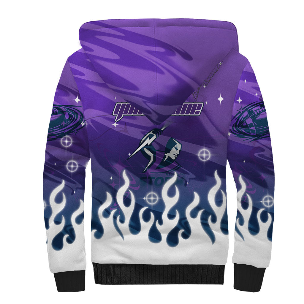 Personalized Melbourne Storm Sherpa Hoodie Y2K Grunge Aesthetic With Cyber Flames and Starburst Graphics