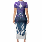Personalized Melbourne Storm Short Sleeve Bodycon Dress Y2K Grunge Aesthetic With Cyber Flames and Starburst Graphics