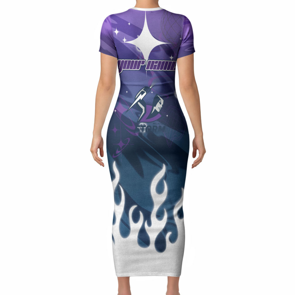 Personalized Melbourne Storm Short Sleeve Bodycon Dress Y2K Grunge Aesthetic With Cyber Flames and Starburst Graphics