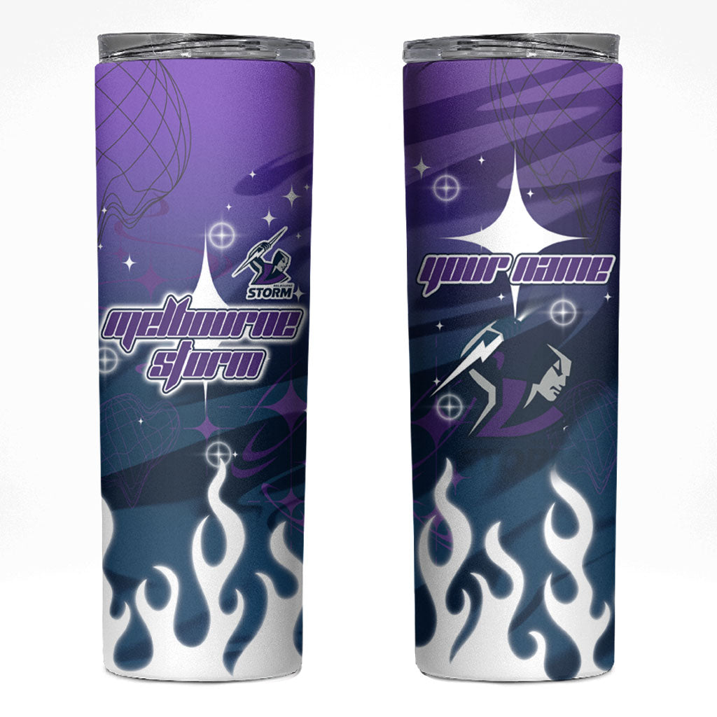 Personalized Melbourne Storm Skinny Tumbler Y2K Grunge Aesthetic With Cyber Flames and Starburst Graphics