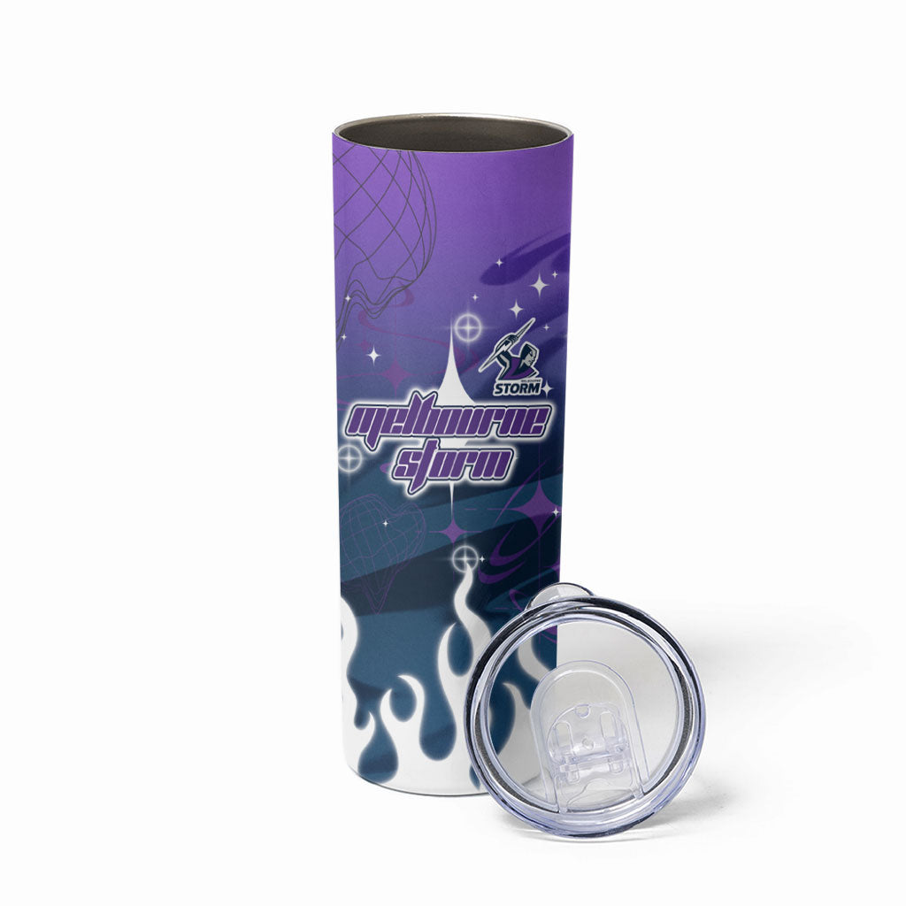 Personalized Melbourne Storm Skinny Tumbler Y2K Grunge Aesthetic With Cyber Flames and Starburst Graphics