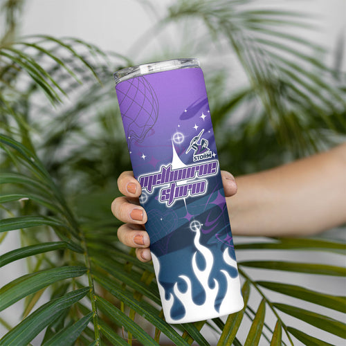 Personalized Melbourne Storm Skinny Tumbler Y2K Grunge Aesthetic With Cyber Flames and Starburst Graphics