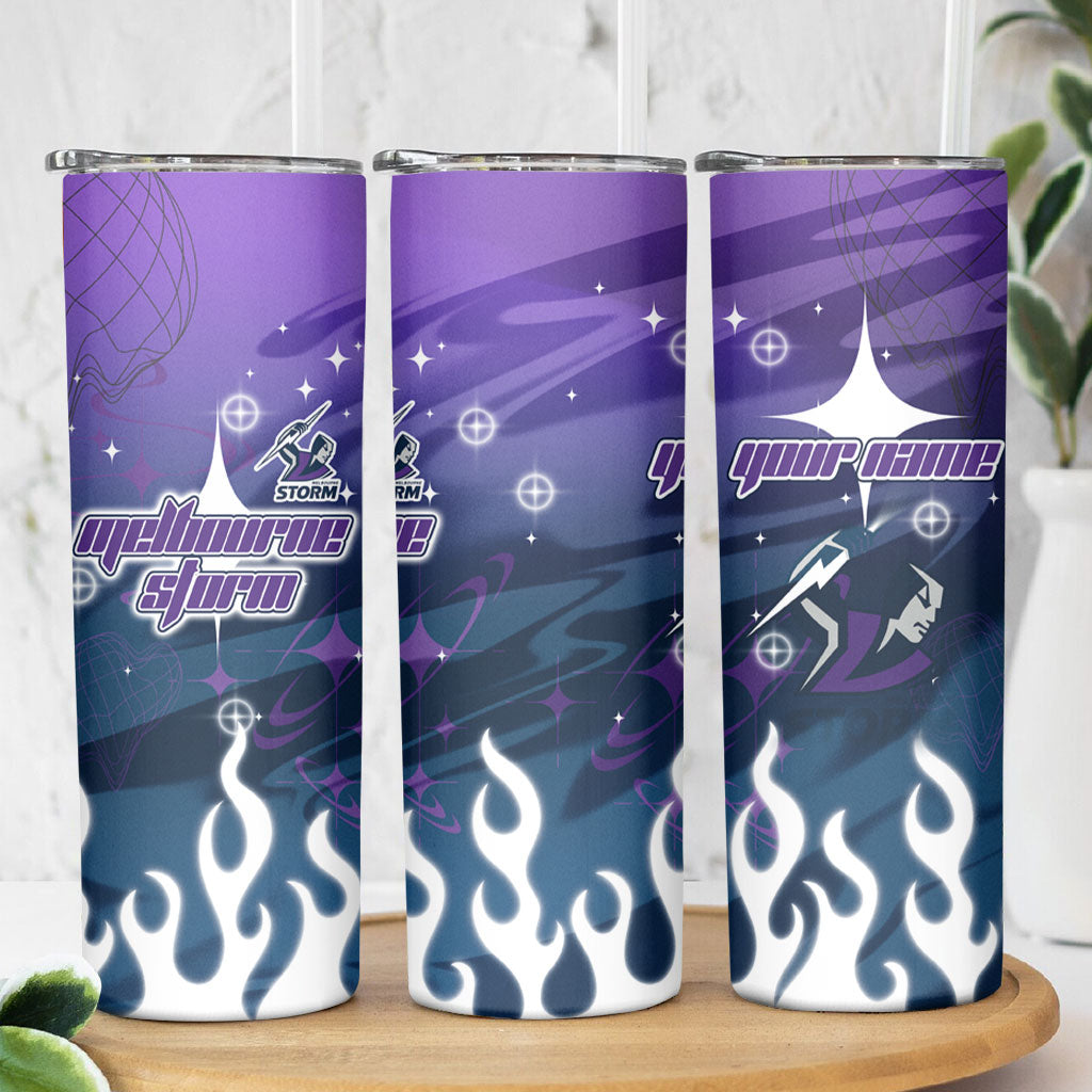 Personalized Melbourne Storm Skinny Tumbler Y2K Grunge Aesthetic With Cyber Flames and Starburst Graphics