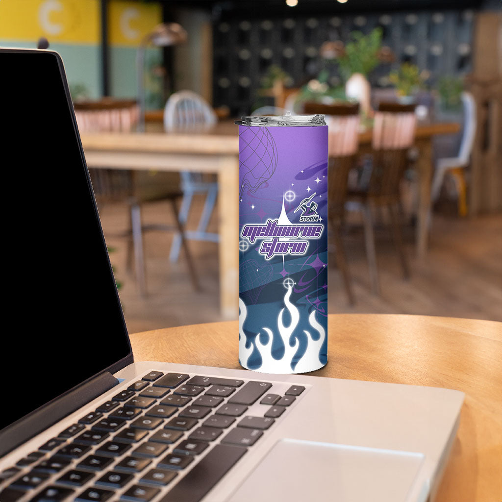 Personalized Melbourne Storm Skinny Tumbler Y2K Grunge Aesthetic With Cyber Flames and Starburst Graphics