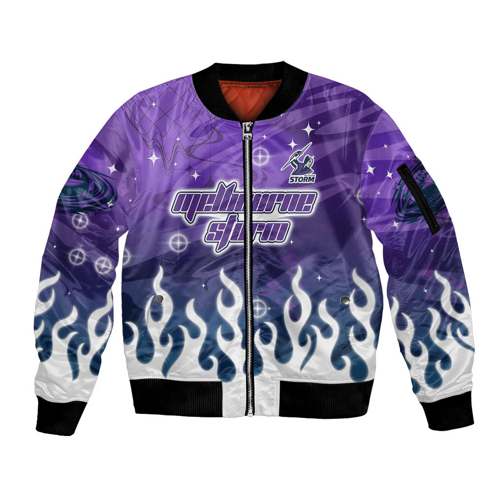 Personalized Melbourne Storm Sleeve Zip Bomber Jacket Y2K Grunge Aesthetic With Cyber Flames and Starburst Graphics