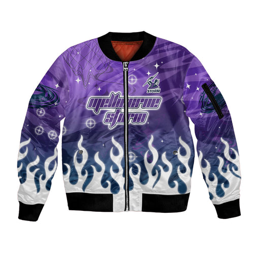 Personalized Melbourne Storm Sleeve Zip Bomber Jacket Y2K Grunge Aesthetic With Cyber Flames and Starburst Graphics