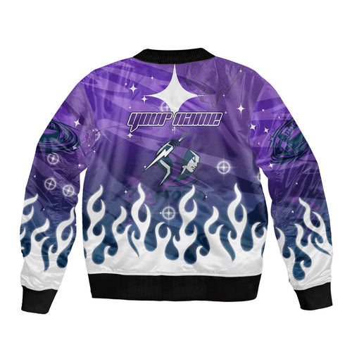 Personalized Melbourne Storm Sleeve Zip Bomber Jacket Y2K Grunge Aesthetic With Cyber Flames and Starburst Graphics