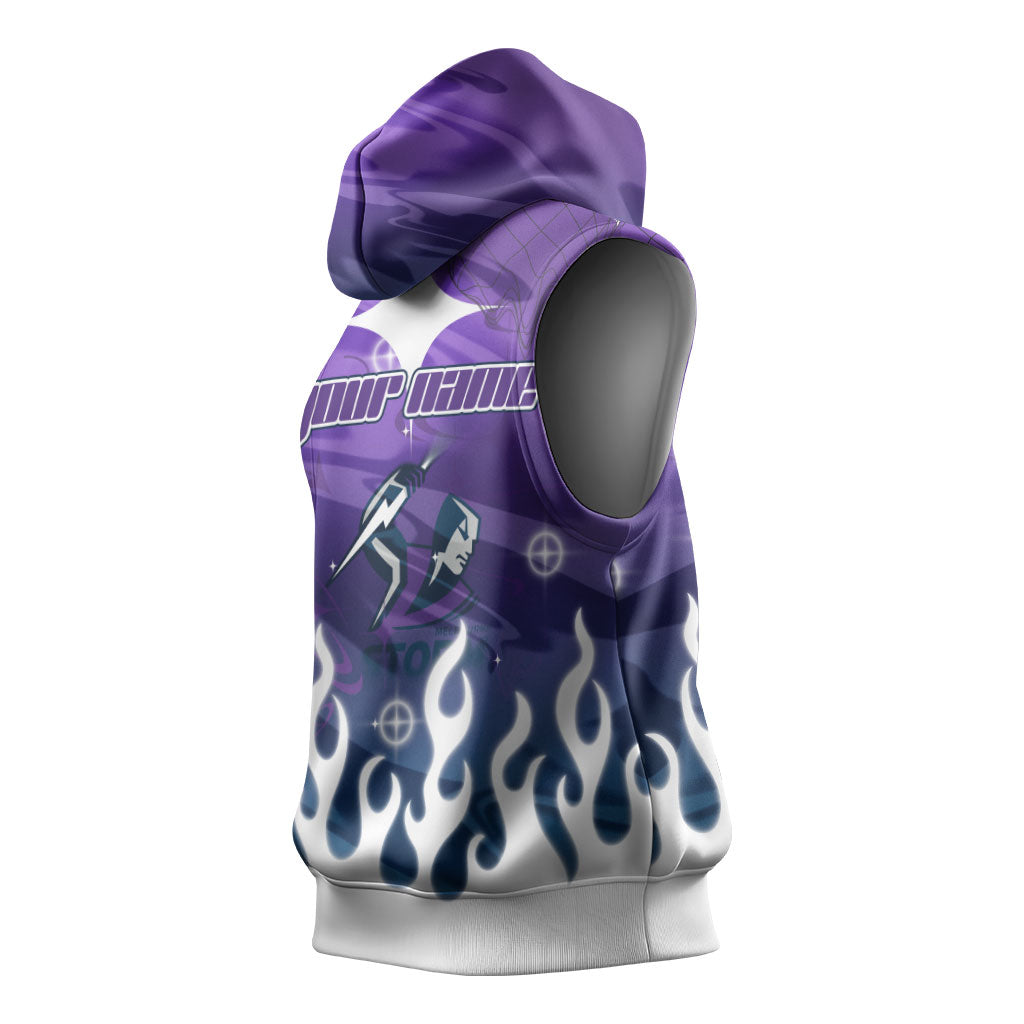 Personalized Melbourne Storm Sleeveless Hoodie Y2K Grunge Aesthetic With Cyber Flames and Starburst Graphics