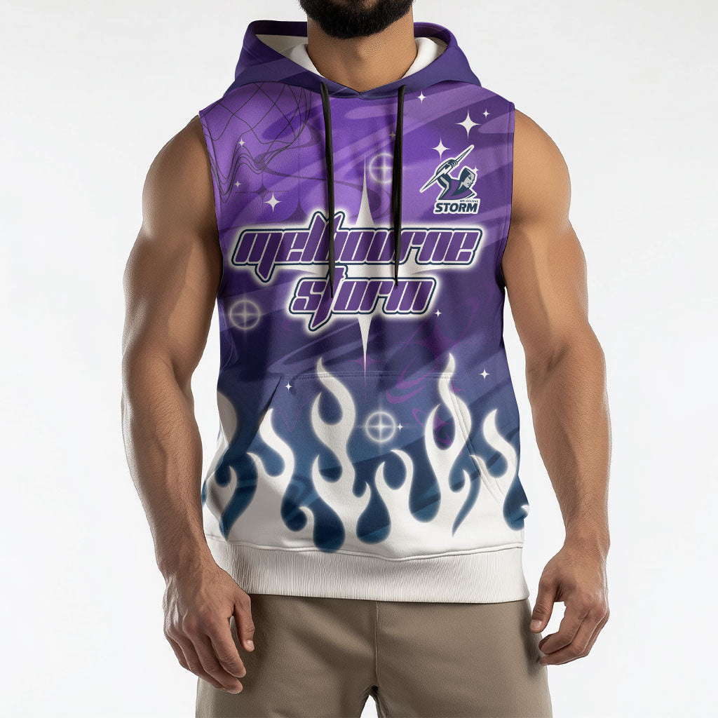 Personalized Melbourne Storm Sleeveless Hoodie Y2K Grunge Aesthetic With Cyber Flames and Starburst Graphics