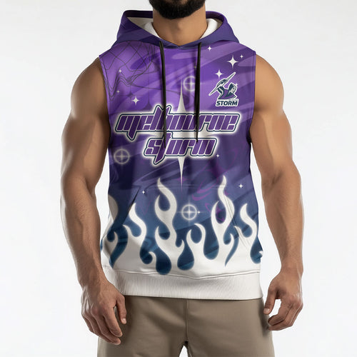 Personalized Melbourne Storm Sleeveless Hoodie Y2K Grunge Aesthetic With Cyber Flames and Starburst Graphics
