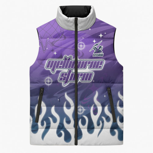 Personalized Melbourne Storm Sleeveless Puffer Jacket Y2K Grunge Aesthetic With Cyber Flames and Starburst Graphics