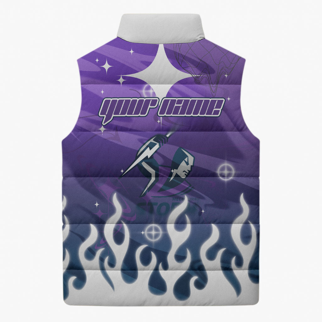 Personalized Melbourne Storm Sleeveless Puffer Jacket Y2K Grunge Aesthetic With Cyber Flames and Starburst Graphics