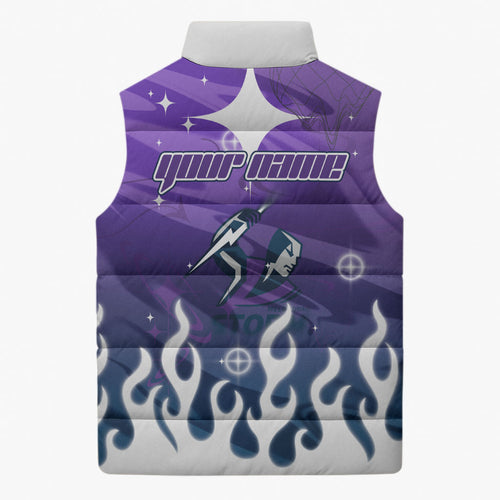 Personalized Melbourne Storm Sleeveless Puffer Jacket Y2K Grunge Aesthetic With Cyber Flames and Starburst Graphics