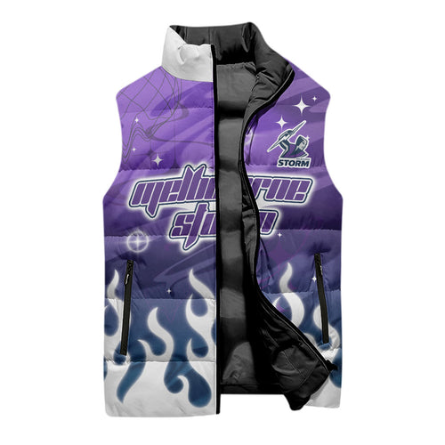 Personalized Melbourne Storm Sleeveless Puffer Jacket Y2K Grunge Aesthetic With Cyber Flames and Starburst Graphics
